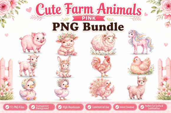 Download Pink Cute Farm Animals PNG Bundle - Cute farm animals Collection