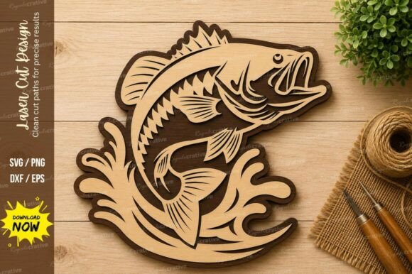 Download Jumping Bass Fish Laser Cut SVG Design - Fish Collection