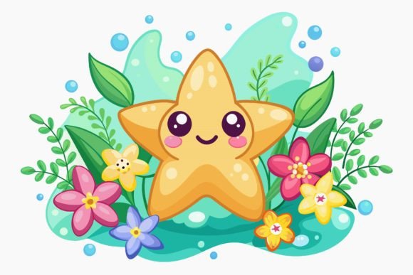 Download Star Fish Animal Cartoon with Flowers on - Fish Collection